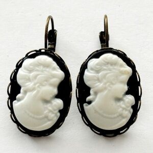 Black and White Lady Profile Cameo French Lever Earrings, NWT, Handmade